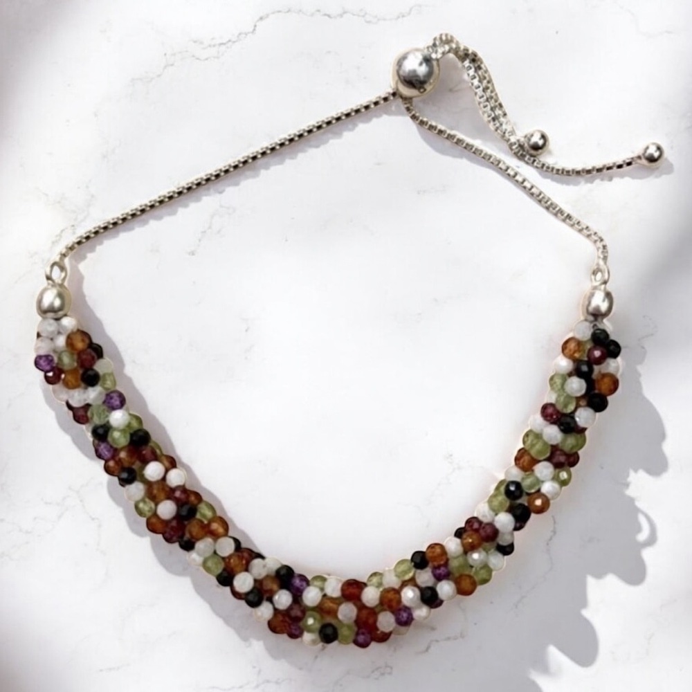 Amethyst Garnet & Rainbow Moonstone Beaded Sterling Silver Bracelet 925
